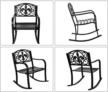Grepatio Outdoor Patio Rocking Chair, Wrought Cast Iron Furniture Chair Metal Rocking Seat Chairs for for Deck, Backyard or Garden w/Scroll Design (Black)