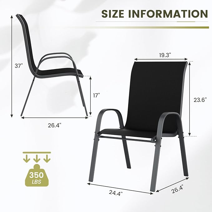 UDPATIO Patio Chairs Set of 4, Stackable Outdoor Dining Chairs for All Weather, Outdoor Furniture with Breathable Textilene Fabric, 350LBS Capacity, for Garden, Backyard, Deck (Black)