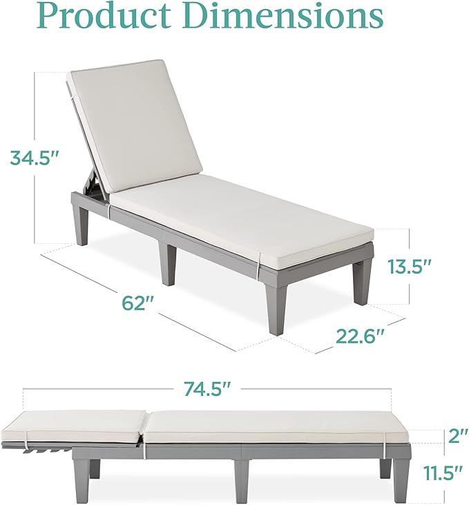 Best Choice Products Outdoor Lounge Chair, Resin Patio Chaise Lounger for Poolside, Backyard, Porch w/Seat Cushion - Photo 3