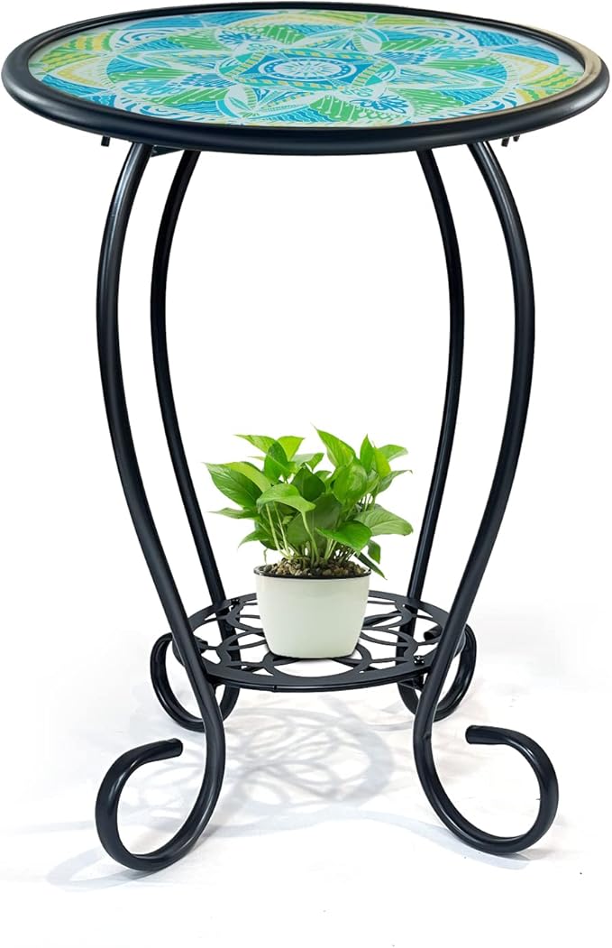 HONGLAND Mosaic Outdoor Side Table, 14" Round Patio Side Table, Mosaic Plant Stand, End Table W/Storage Shelf, Small Bistro Coffee Table for Garden Yard Porch Living Room(Green)