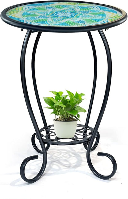 HONGLAND Mosaic Outdoor Side Table, 14" Round Patio Side Table, Mosaic Plant Stand, End Table W/Storage Shelf, Small Bistro Coffee Table for Garden Yard Porch Living Room(Green)