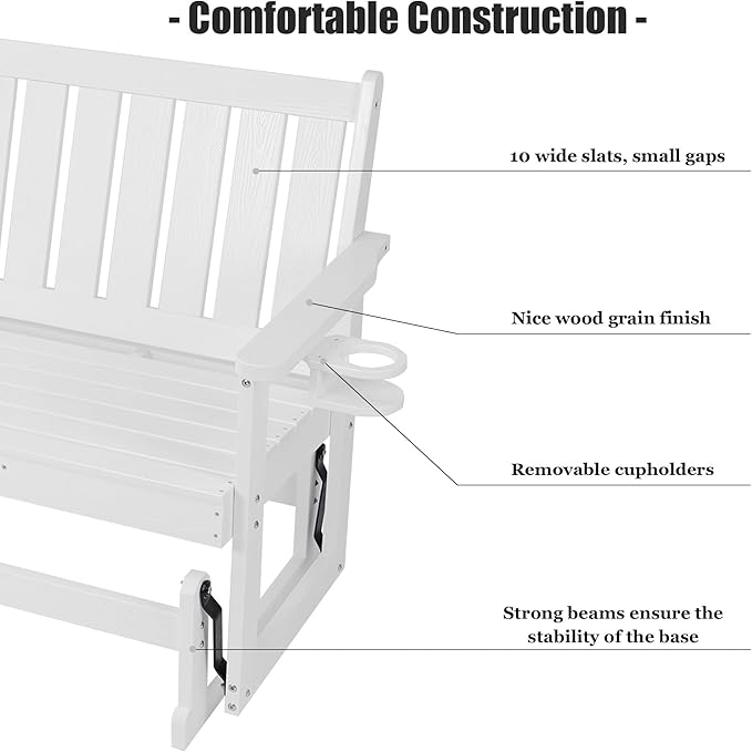 Poly Lumber Patio Glider, HIPS Material Weather-Resistant Swing Bench for Outdoor Porch Garden, White - Photo 6