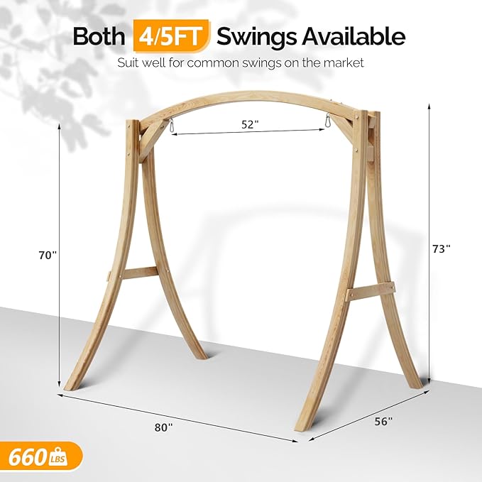 VINGLI 5FT Porch Swing Frame, 1000LBS Heavy Duty A-Frame Wooden Porch Swing Stand with Curved Arc Top - Photo 5