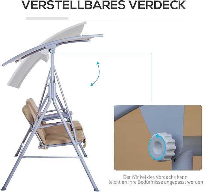 Outsunny 2 Person Porch Swing with Stand, Outdoor Swing with Canopy, Pivot Storage Table, 2 Cup Holders - Photo 3