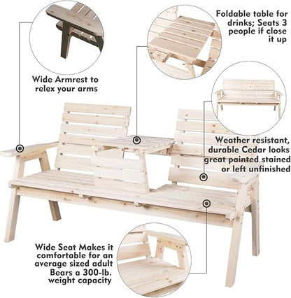 FORTUNO Cedar/Fir Log Wood Patio Garden Bench with Foldable Table, Outdoor Wooden Porch 3-Seat Bench Chair for Garden Balcony Patio Backyard, Natural Finish