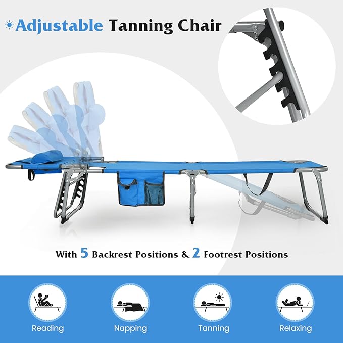 Goplus Tanning Chair, Folding Adjustable Patio Lounge Chair with Face Hole, Removable Pillow, 330LBS, Carry Strap, Outdoor Sunbathing Chair, Lightweight Portable Beach Lounge Chair (1, Navy)