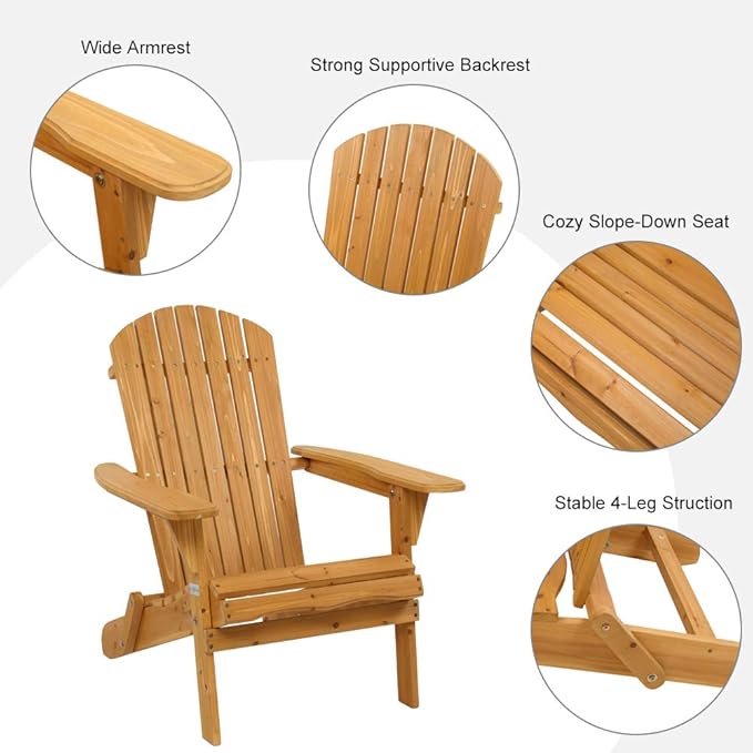 VINGLI Wooden Adirondack Chair Ergonomic Design (2pk), Folding Outdoor Patio Lounger Armchair Furniture w/Natural Finish, for Beach, Poolside, Balcony