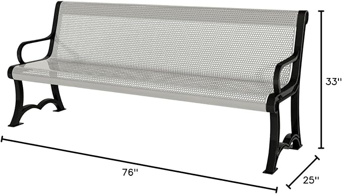 COATEDOUTDOORFURNITURE Heavy-Duty Outdoor Bench Thermoplastic Coated, Punched Steel, Commercial-Grade Garden Bench, Made in America (Portable with Back, 4 Ft, Textured Grey)