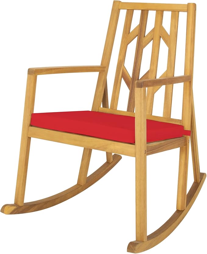 RELAX4LIFE Wooden Rocking Chair Outdoor - Oversized Patio Rocker w/High Backrest, Long Armrest, Removable Soft Cushion, Porch Rocking Chair for Backyard, Garden, Patio Rocking Chair (1, Red)