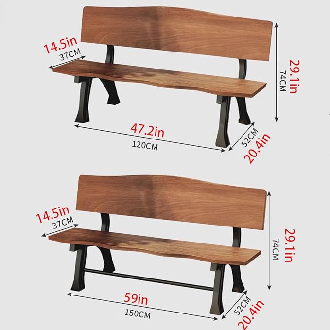 Outdoor Garden Bench, Metal Bench, Patio Wood Bench Park with Backrest, Bench Chair, for Patio Lawn Balcony Yard Porch(Brown,59x20.4x29.1in)