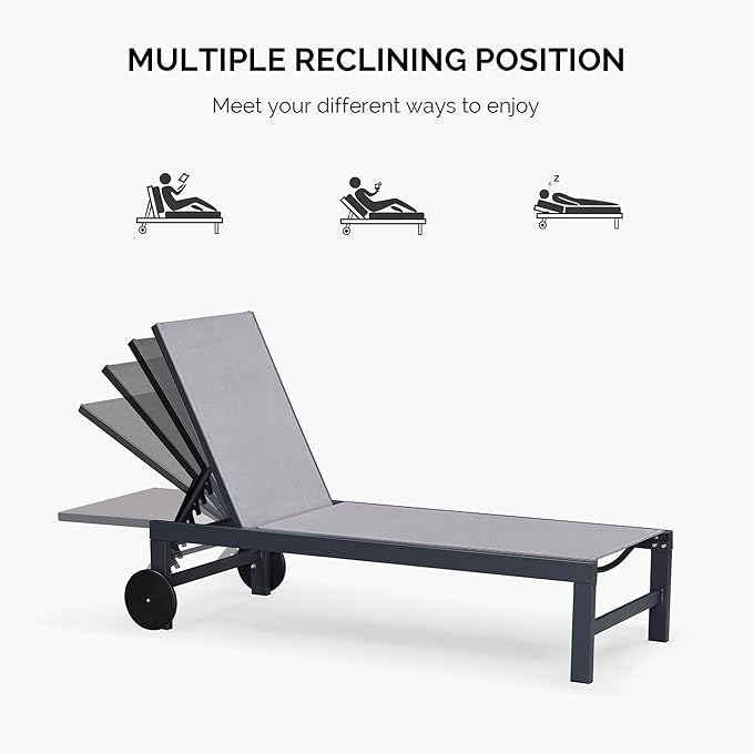 PURPLE LEAF Outdoor Chaise Lounge with Wheels for Outside 2 Pieces Aluminum Patio Lounge Chair with 5 Adjustable Position for Outdoor Beach Yard Pool Side Table Included Light Grey