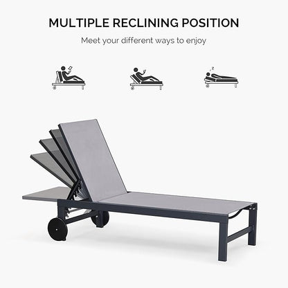 PURPLE LEAF Outdoor Chaise Lounge with Wheels for Outside 2 Pieces Aluminum Patio Lounge Chair with 5 Adjustable Position for Outdoor Beach Yard Pool Side Table Included Light Grey