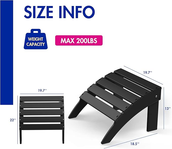 BRIOPAWS Adirondack Ottomans | Folding | Set of 2 | HDPE Plastic | Black Outdoor Foot Rest | All Weather | Patio Footrest for Adirondack Chair | Foot Stool for Deck Porch | 19.7W x 18.5L x 13H Inch
