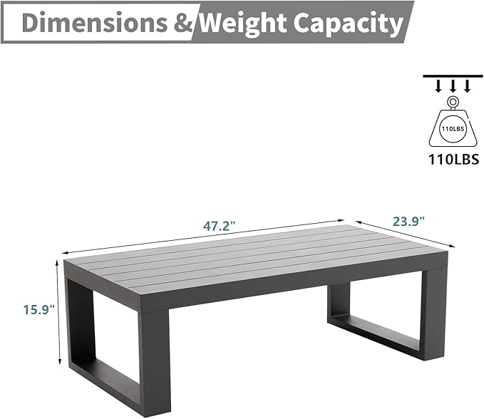 Patio Coffee Tables All-Weather Outdoor Aluminum Rectangle Coffee Table Outdoor Furniture for Garden, Balcony, Grey