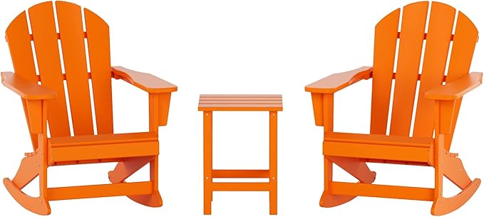 WO WESTIN OUTDOOR HDPE Laguna Outdoor Rocking Poly Adirondack Chair with Side Table 3-Piece Set, Orange