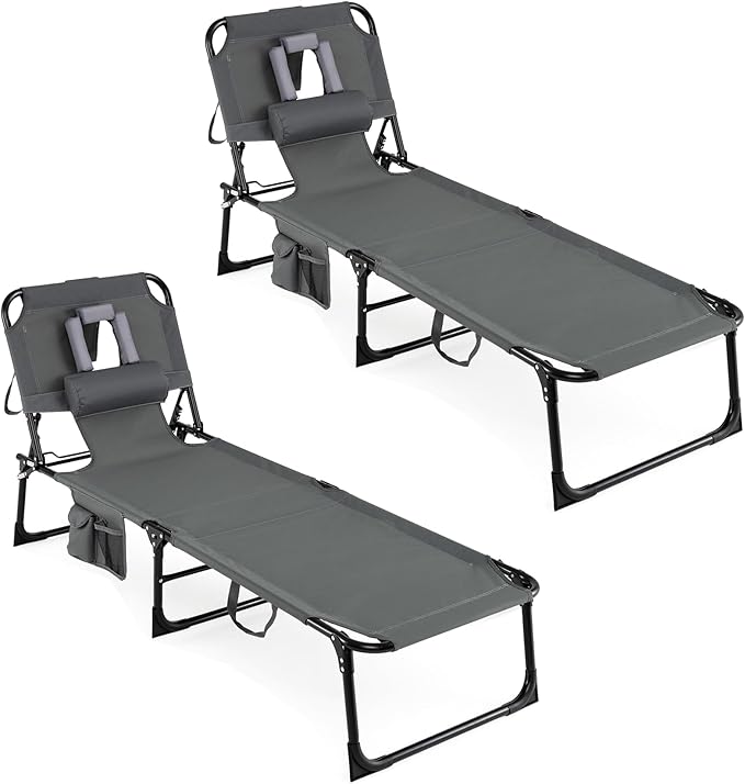 COSTWAY Tanning Chair with Face Hole, Folding Beach Lounge Chair with 4-Position Adjustable Backrest, Pillow & Side Pocket, Foldable Chaise Lounge Chair Outdoor for Sunbathing, Camping (2, Grey)