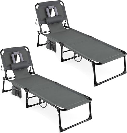 COSTWAY Tanning Chair with Face Hole, Folding Beach Lounge Chair with 4-Position Adjustable Backrest, Pillow & Side Pocket, Foldable Chaise Lounge Chair Outdoor for Sunbathing, Camping (2, Grey)