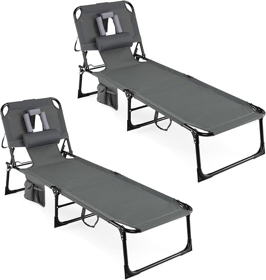 COSTWAY Tanning Chair with Face Hole, Folding Beach Lounge Chair with 4-Position Adjustable Backrest, Pillow & Side Pocket, Foldable Chaise Lounge Chair Outdoor for Sunbathing, Camping (2, Grey)