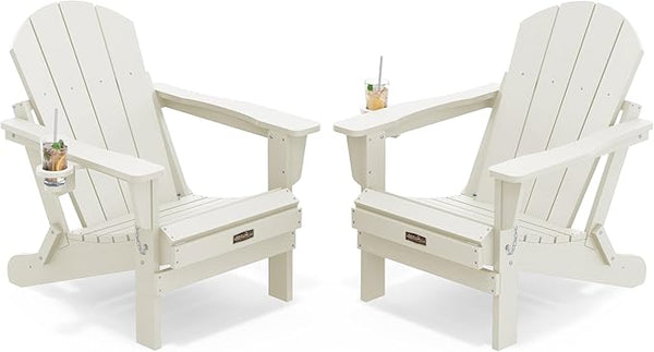 SERWALL Folding Adirondack Chair Set of 2, All Weather Patio Chair with with Cup Holder, Wood Texture - Photo 1