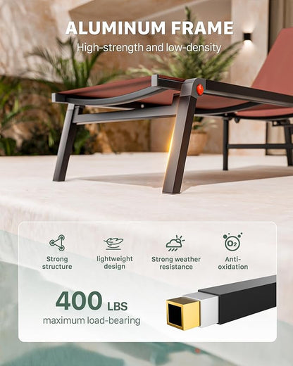 Aluminum Patio Chaise Lounge Chair Set of 2 with Side Table,5-Position Adjustable Backrest,Foldable Lounge Chair Outdoor,Pool Lounge Chairs for Poolside,Lawn,Deck,Beach (Brown, 2 Pack+Table)
