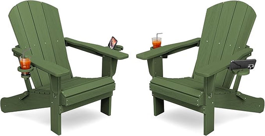 KINGYES Folding Adirondack Chair Set of 2, Dual Cup Holders & All-Weather HDPE, Wood-Like Patio Chair for Backyard, Camping, Pool & Fire Pit, Avocado Green