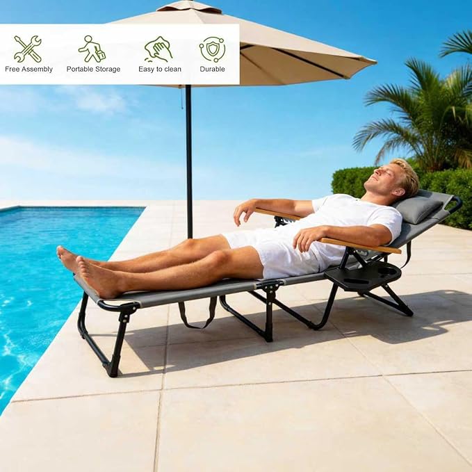 Folding Lounge Chairs for Outside, Beach Patio Lounge Chair, Sunbathing/Tanning Chair with 4 Adjustable Backrest & Cup & Pillow,Holds 330 Lb, Outdoor Garden Pool (Gray)