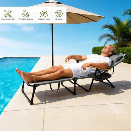 Folding Lounge Chairs for Outside, Beach Patio Lounge Chair, Sunbathing/Tanning Chair with 4 Adjustable Backrest & Cup & Pillow,Holds 330 Lb, Outdoor Garden Pool (Gray)