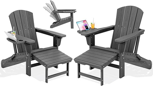 KINGYES Folding Adjustable Adirondack Chair with Ottoman & 2 Cup Holders Set of 2, HDPE Adirondack Recliner Chair with Footrest, Grey