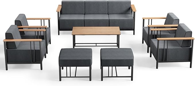 Patio Furniture Set of 8,with 10-inch Thick Cushion Outdoor Furniture Set of 8,Patio Chair Set with Sofa,Wood Grain - Photo 9