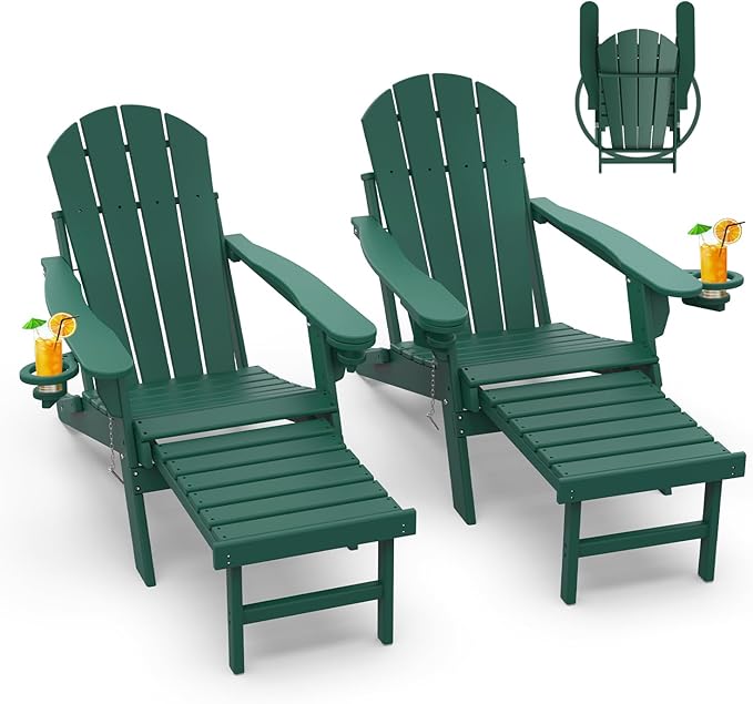 GREENVINES Adirondack-Chairs-with-Ottoman | Set of 2 | Folding | Retractable-Footrest | HDPE Plastic | All Weather Fire Pit Chair | Cup Holders | Forest | for Outdoor Poolside