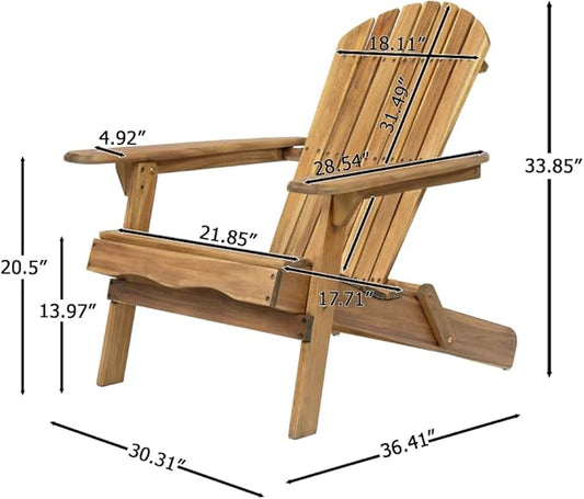 Folding Adirondack Chair Outdoor Wooden Accent Furniture Fire Pit Lounge Chairs,for Patio & Garden Relaxation with Slatted Back & Wide Armrests- Teak Finis (Teak + Acacia Wood)