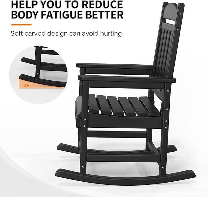 VINGLI Outdoor Rocking Chair, HDPE Rocking Chair with Higher Backrest, All Weather Rocker for Garden, Yard, Balcony, Black