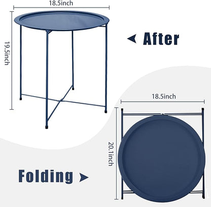Garden 4 you End Table Metal Side Table Blue Round Folding Tray Cyan Sofa Small Accent Fold-able Table, Round End Table Tray, Next to Sofa Table, Snack Table for Living Room and Bed Room
