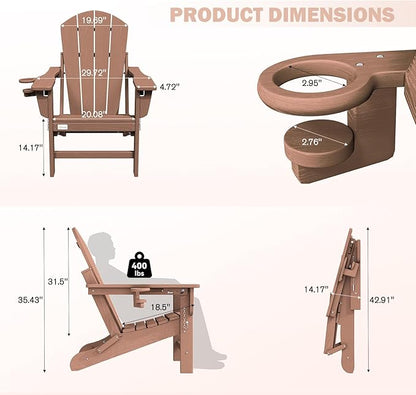 Mdeam 3-Position Adjustable Adirondack Chairs Set of 4, 400LBS Capacity, Cup Holder, Wooden Textured, All-Weather HDPE Folding Fire Pit Outdoor Chairs for Poolside Deck Patio Garden Yard Lawn - Teak
