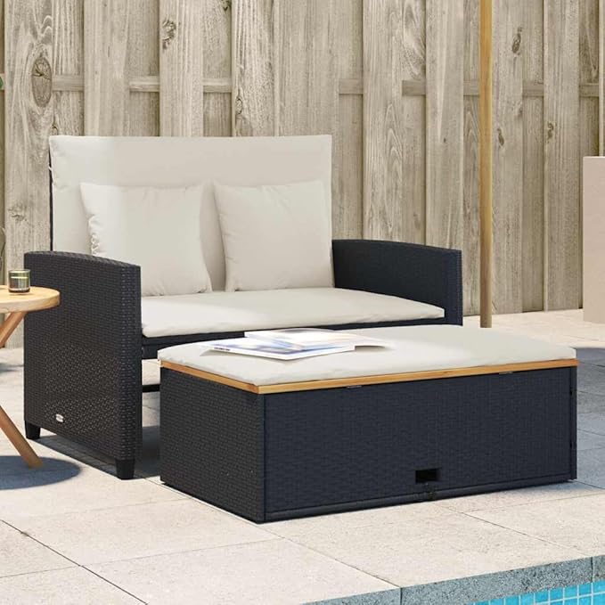 vidaXL 2 Seater Patio Sofa with Cushions Black Poly Rattan and Acacia Wood Removable Covers Adjustable Multifunctional - Photo 2