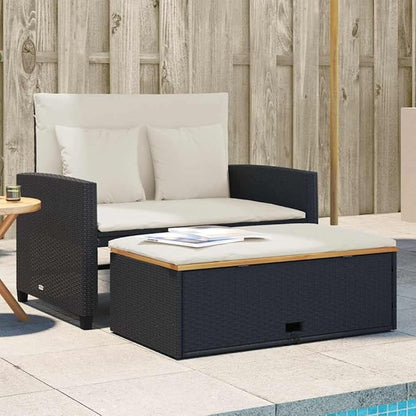 vidaXL 2 Seater Patio Sofa with Cushions Black Poly Rattan and Acacia Wood Removable Covers Adjustable Multifunctional Garden Furniture Outdoor Seating Couch Weather Loveseat for Balcony