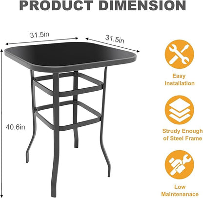 31.5 Inch Outdoor Patio Bar Table with Tempered Glass Top, Square High Top Pub Table All Weather Metal Frame for Balcony, Backyard, Poolside, Garden Furniture