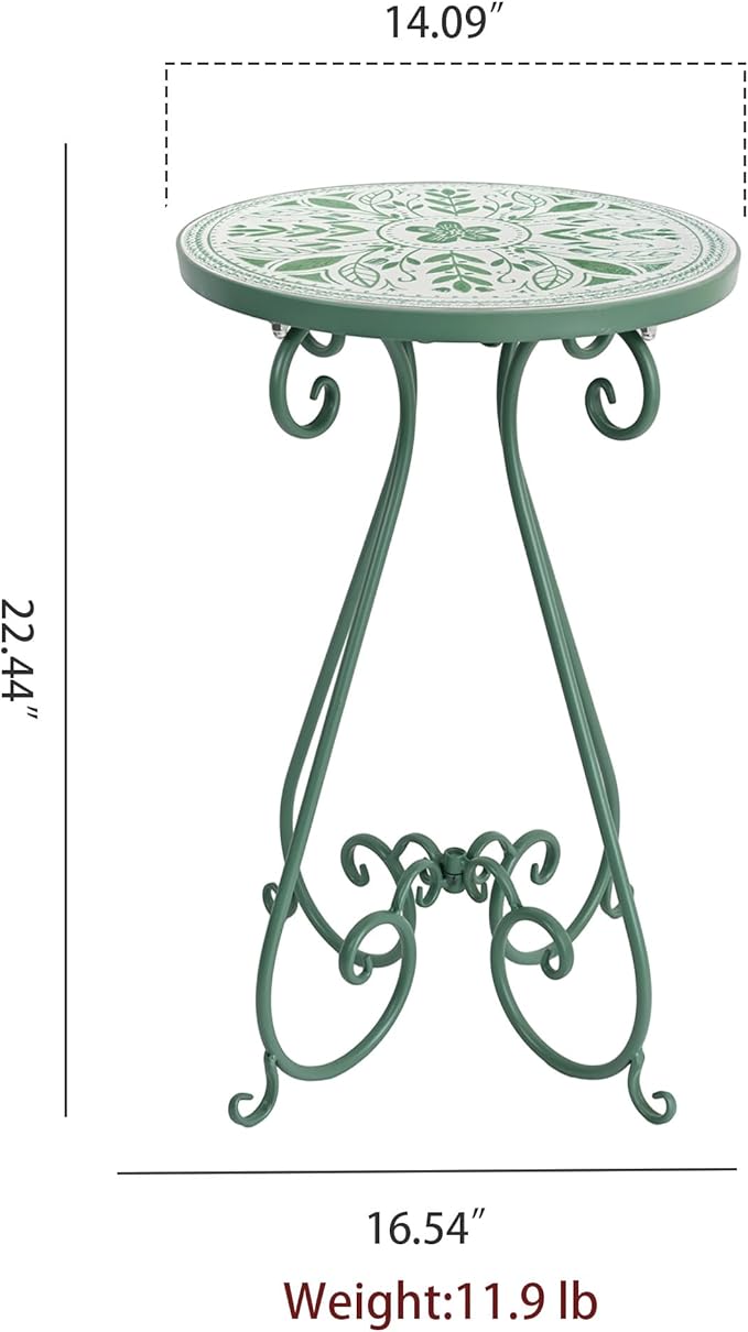 Outdoor Side Table & Mosaic Plant Stand, 14" Ceramic Tile Top Round End Table Accent Table, Indoor Outdoor Coffee Tea Table for Yard Porch Garden Patio Living Room Bedroom