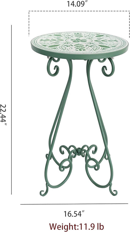 Outdoor Side Table & Mosaic Plant Stand, 14" Ceramic Tile Top Round End Table Accent Table, Indoor Outdoor Coffee Tea Table for Yard Porch Garden Patio Living Room Bedroom