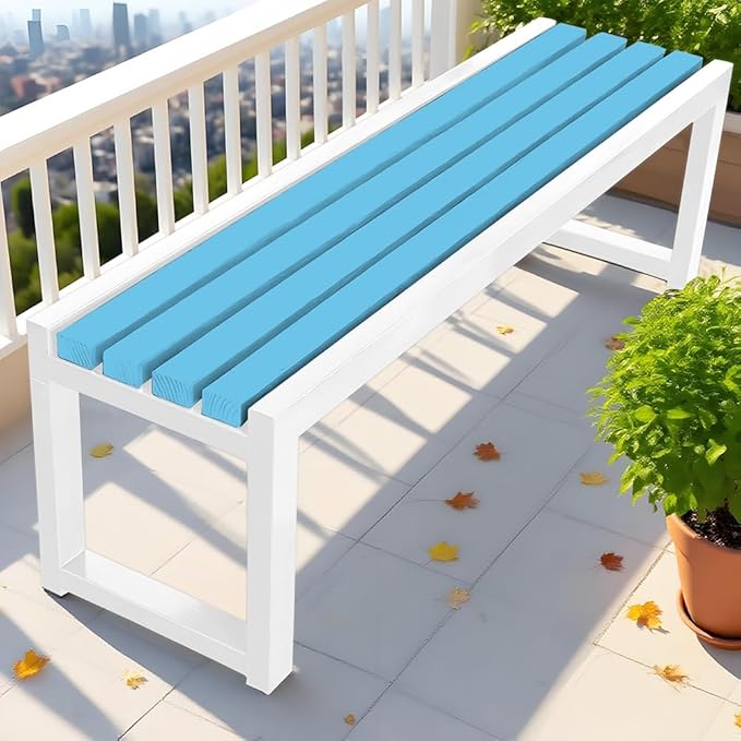 Garden Bench for Outdoors, Weatherproof Patio Bench Wooden Benches 2-Person Backyard Seat Backless Seat with Metal Frame for Park Backyard Entryway 3.3ft 3.9ft 4.9ft 5.9ft(Blue White,4.9ft)