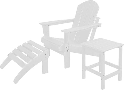 WO Home Furniture 3pc Set - HDPE Poly Adirondack Chair with Ottoman/Footrest and Square Side Table, All Weather and UV Resistant for Outdoor Patio Backyard, Garden, White
