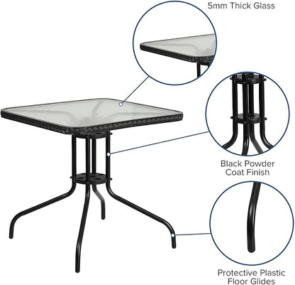 Flash Furniture Barker 28'' Square Tempered Glass Metal Table with Black Rattan Edging