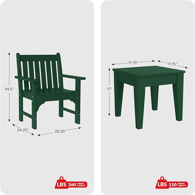 Costaelm Outdoor Patio Table and Chairs Set of 2, 2-Piece HDPE Garden Chair with Square Adirondack Side Table Set, Porch Chairs Coffee Table for Outside Porch Backyard, Dark Green