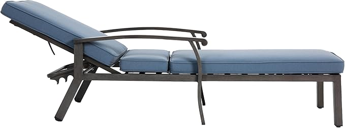 Blue Aluminium Cast Chaise Lounge Chair Outdoor, Patio Chaise Lounge Chair with Cushion, Tanning Lounges, with Level Adjustable Recliner for Poolside, Patio, Deck, Yard