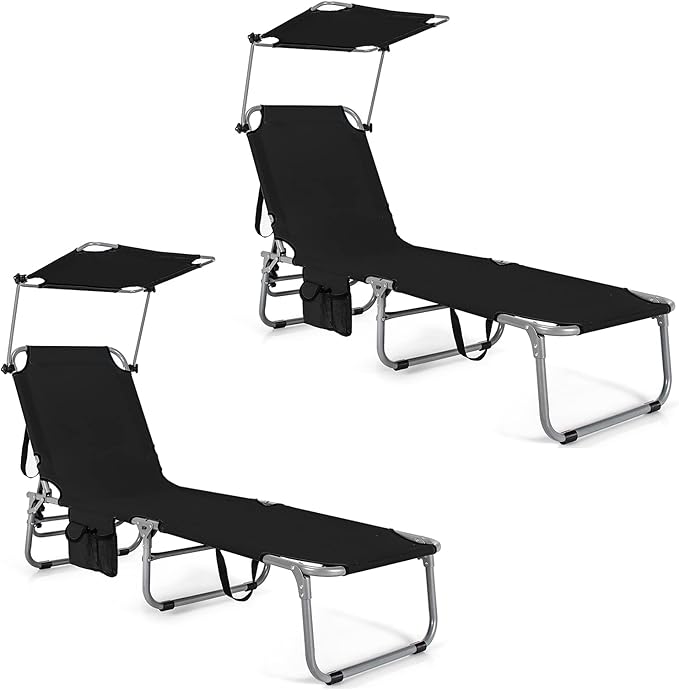Giantex Outdoor Folding Chaise Lounge, Portable Tanning Chair with 5 Adjustable Positions, 360° Canopy Shade - Photo 1
