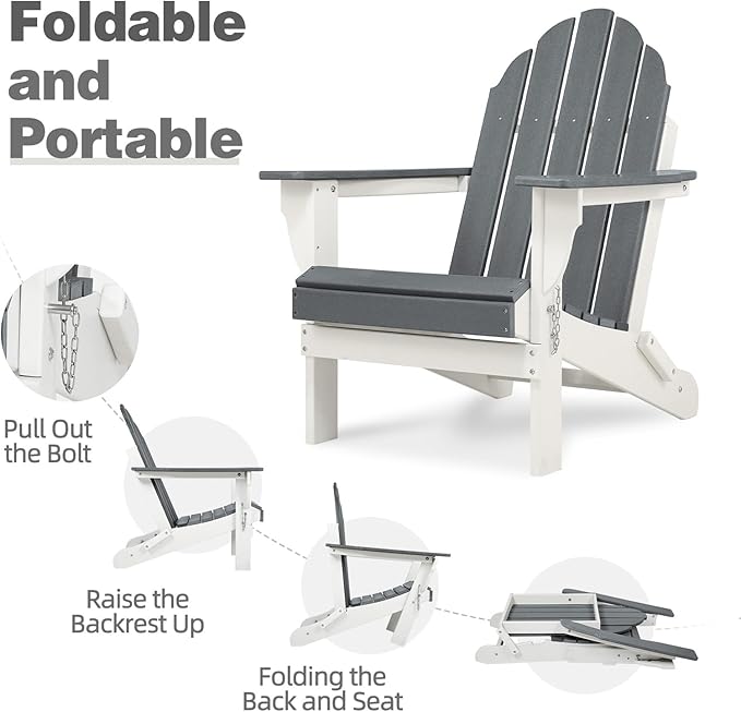 Aoodor HDPE Outdoor All-Weather Folding Adirondack Chair for Patio, Garden, Backyard, Lawn, Fire Pit, Gray