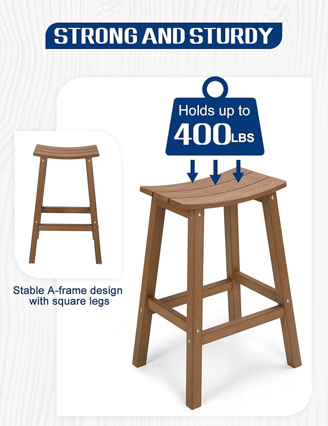 Weatherproof Bar Stools Set of 2, 28" Height Outdoor Bar Stools Holds up to 400 lbs, Saddle Seat, Bar Height Stools for Patio, Garden, and Kitchen Island, Teak
