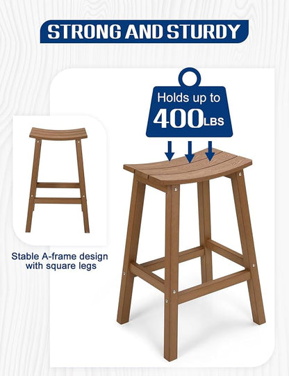 Weatherproof Bar Stools Set of 2, 28" Height Outdoor Bar Stools Holds up to 400 lbs, Saddle Seat, Bar Height Stools for Patio, Garden, and Kitchen Island, Teak