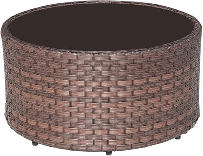 SUNSITT Round Outdoor Coffee Table with Tempered Glass Top, 28in Rattan PE Resin Wicker Patio Side Table, Brown