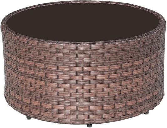 SUNSITT Round Outdoor Coffee Table with Tempered Glass Top, 28in Rattan PE Resin Wicker Patio Side Table, Brown